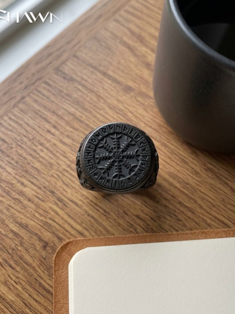 Mens Black Viking Rune Compass Signet Ring